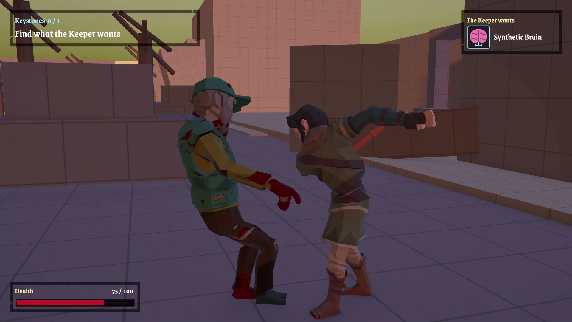 The zombie buckles as the Wayfarer follows through with a pipe strike.