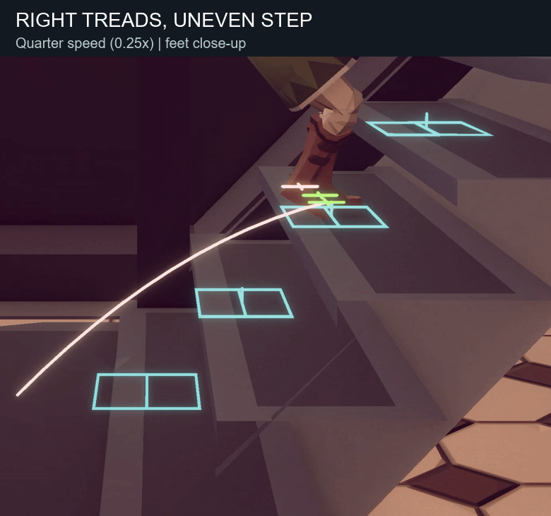 Close-up animation with a yellow frame and Missed step label highlighting a long step.